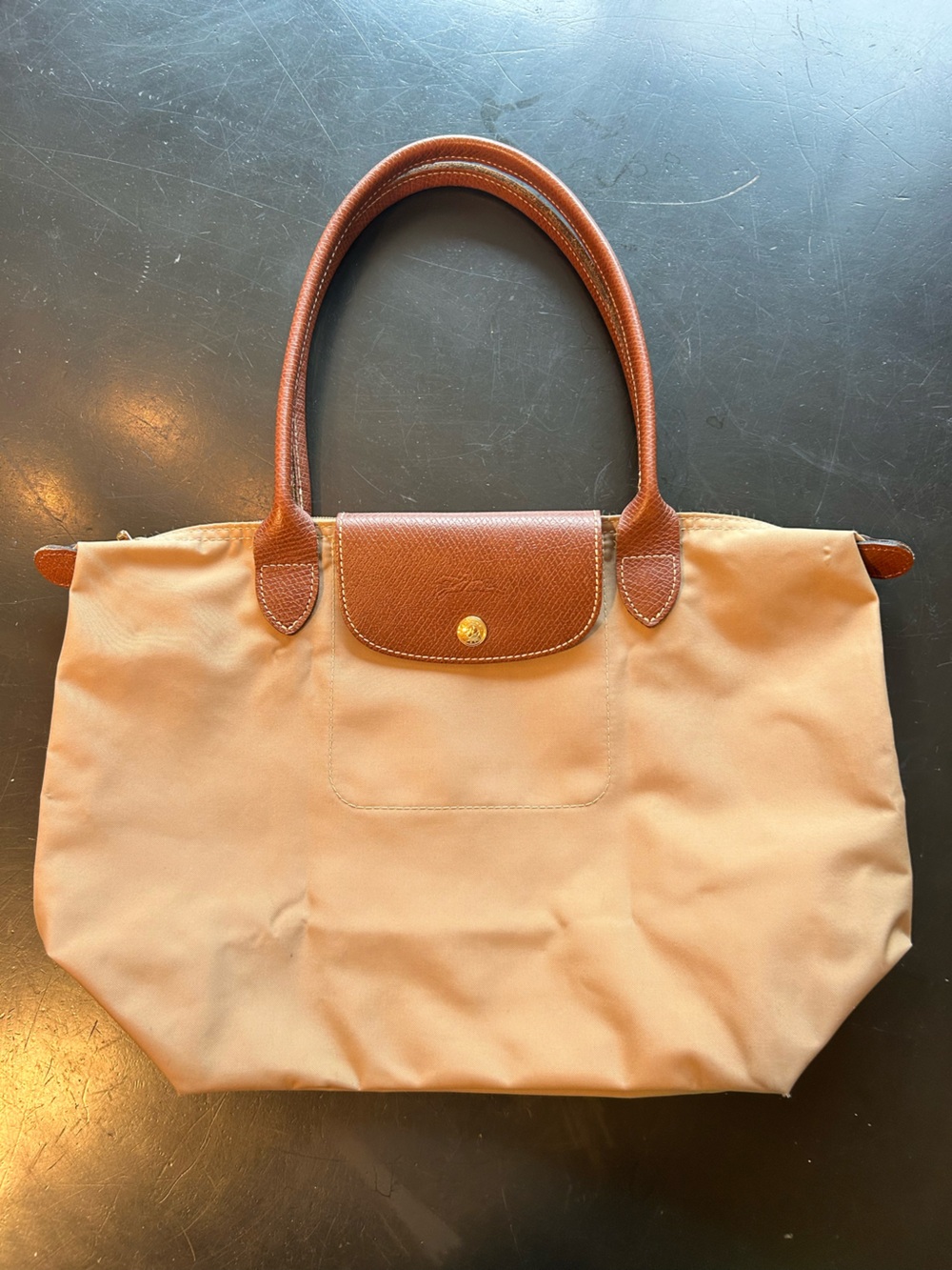 Authentic Longchamp Le Pliage Tote in Fawn with Brown Trim
